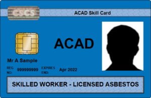 Image shows CSCS blue ACAD Skilled worker- licensed asbestos card