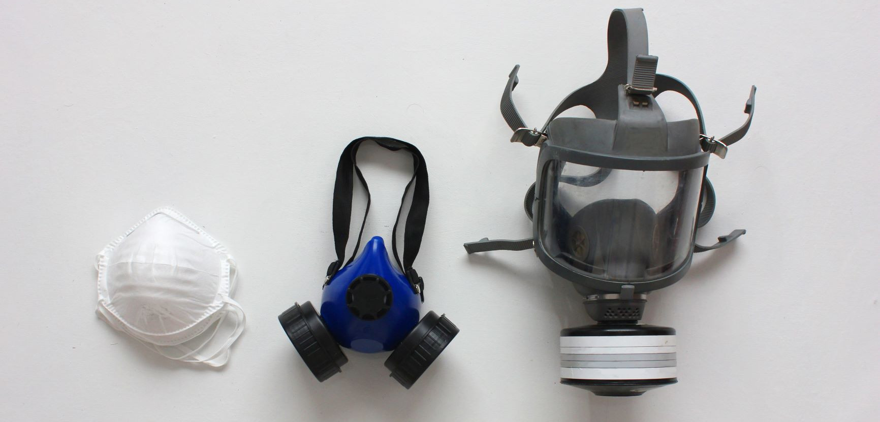 image shows disposable mask, half face mask, and full face mask