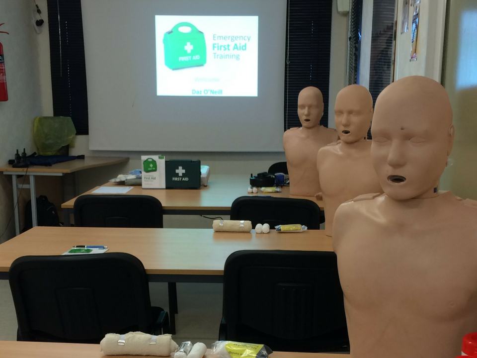 Image shows setup of First Aid Training course.