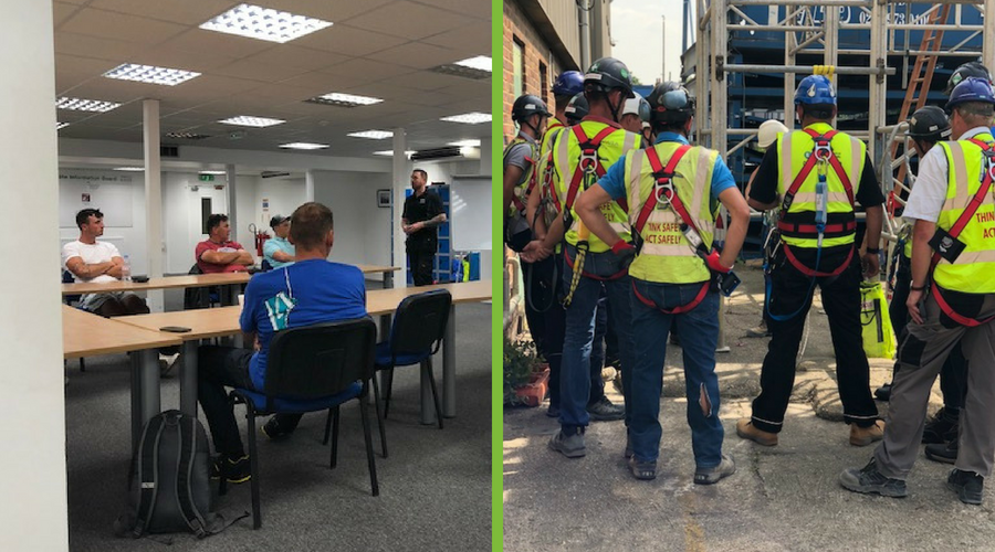 Images illustrate a blog post about health and safety in the construction industry and show Essential Site Skills delivering working at height training for workers on Aykon London One 