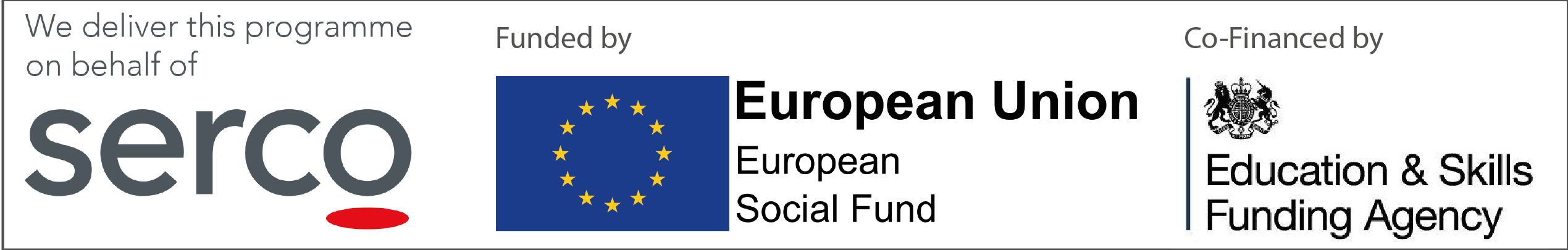 Image shows logos of SERCO, European Union ESF and Education & Skills Funding Agency ESFA