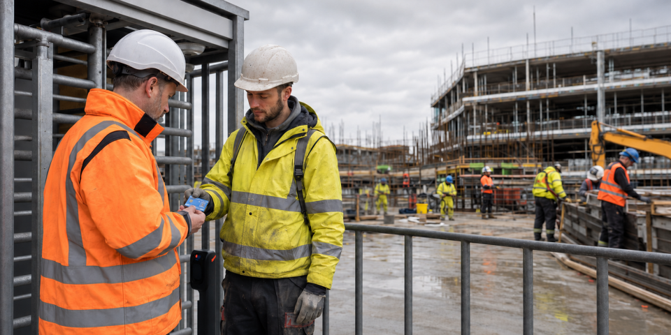Construction manager checking a worker's CSCS card and competence records at a UK building site.